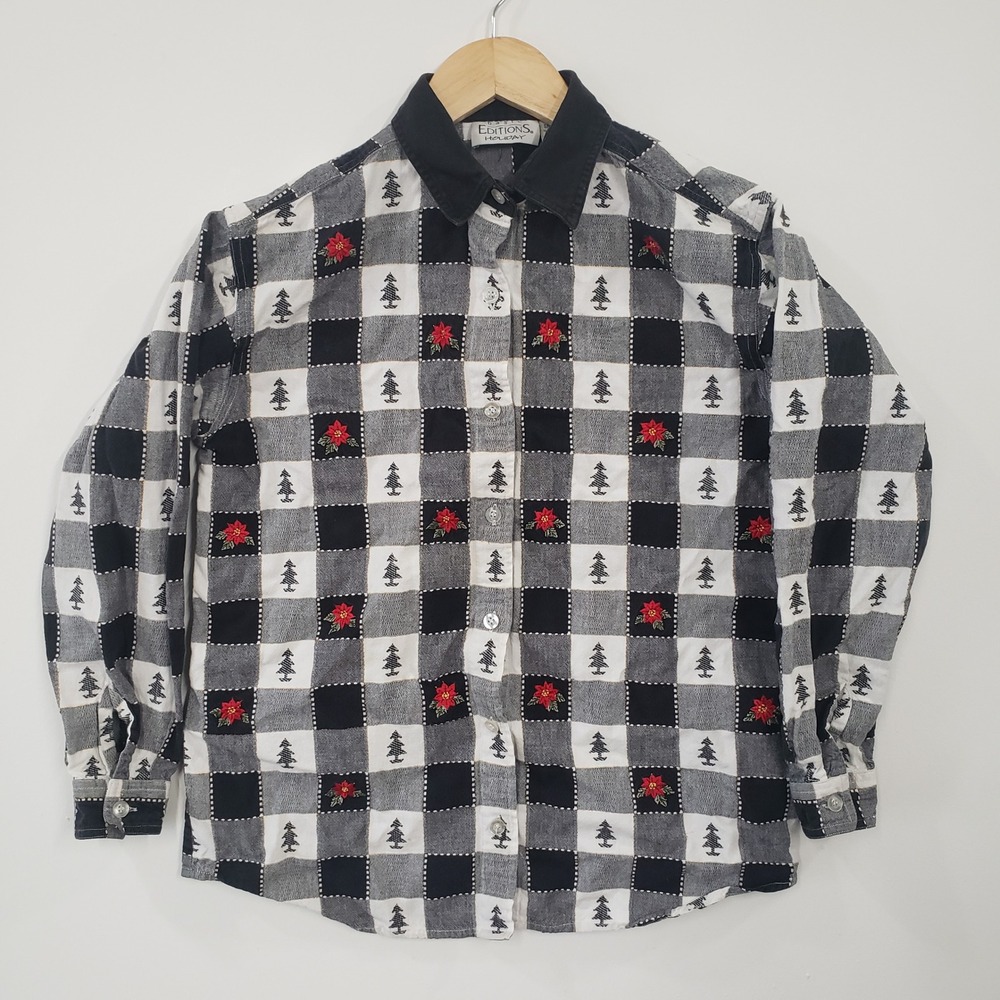 Basic Editions Holiday Button Up Shirt Womens Small‎ Christmas Vintage 90s Plaid